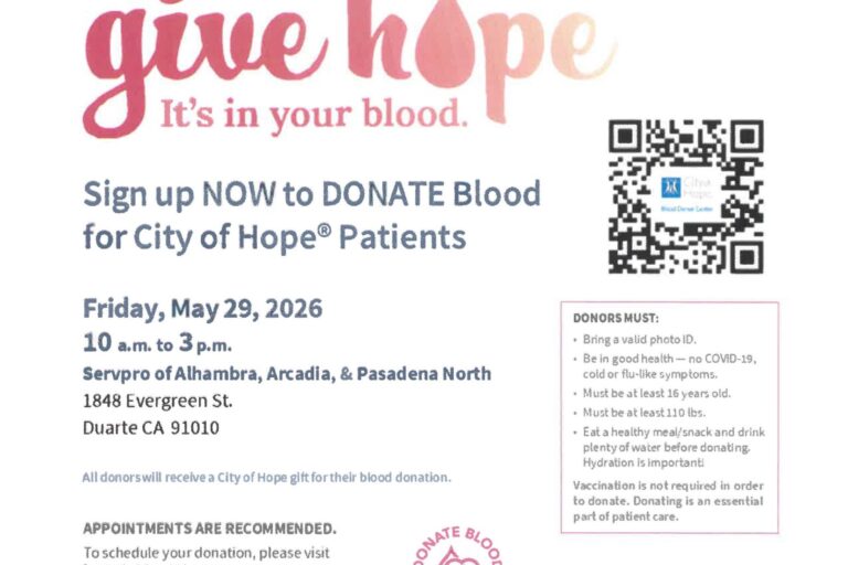 give blood at Servpro and City of Hope blood drive flyer