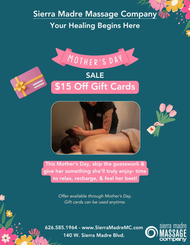 mother's day gift cards available from Sierra Madre Massage