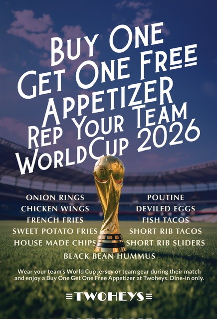 world cup deals from Twohey's flyer showing soccer stadium and world cup trophy