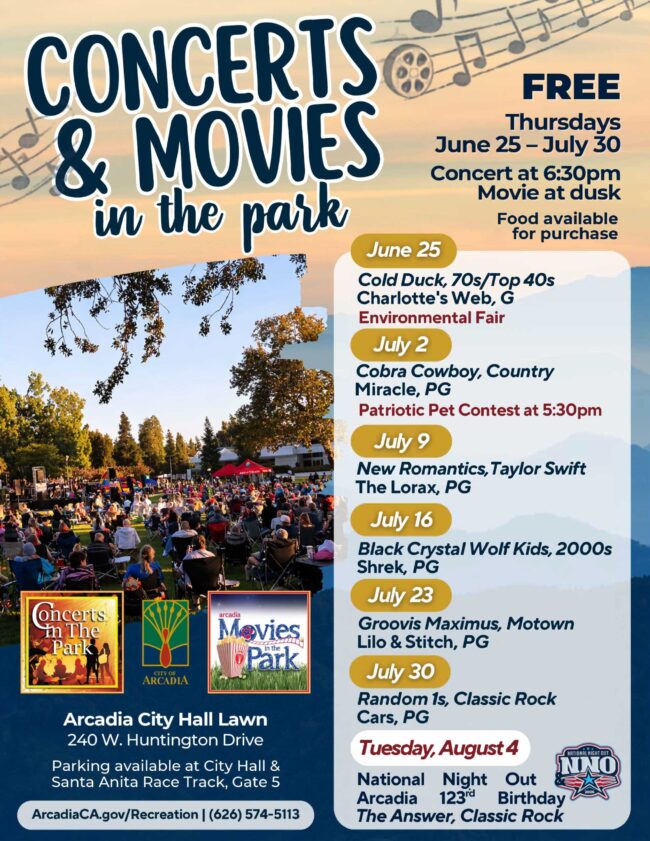 City of Arcadia Concerts and Movies in the Park schedule for 2026