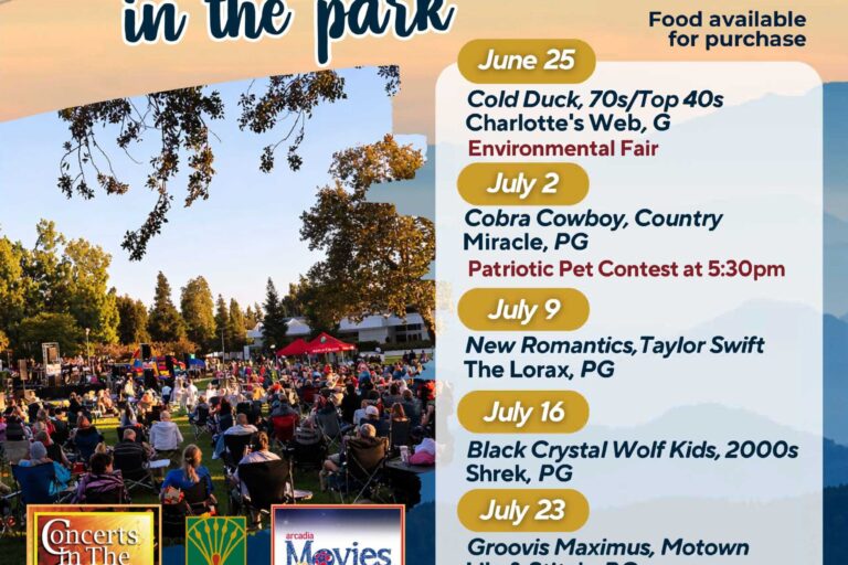 City of Arcadia Concerts and Movies in the Park schedule for 2026
