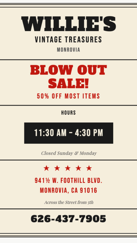 blow out sales at Willie's Vintage 