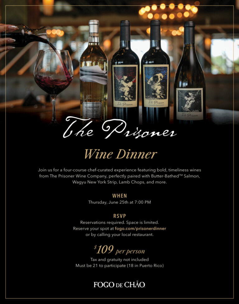 flyer for The Prisoner wine dinner at Fogo de Chao on June 25th