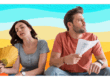 two people fanning themselves against a colorful waving background
