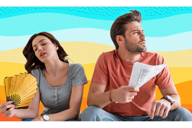 two people fanning themselves against a colorful waving background