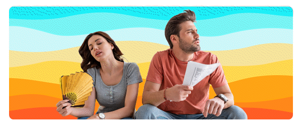 two people fanning themselves against a colorful waving background