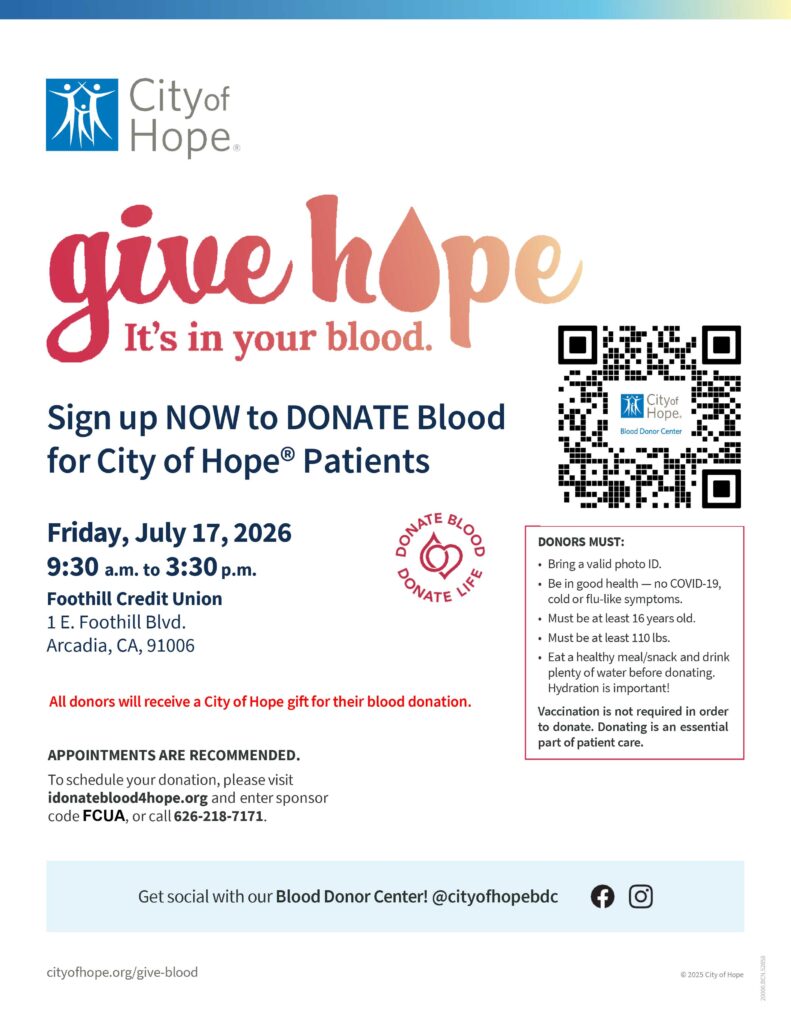 Foothill Credit Union blood drive flyer with City of Hope on July 17