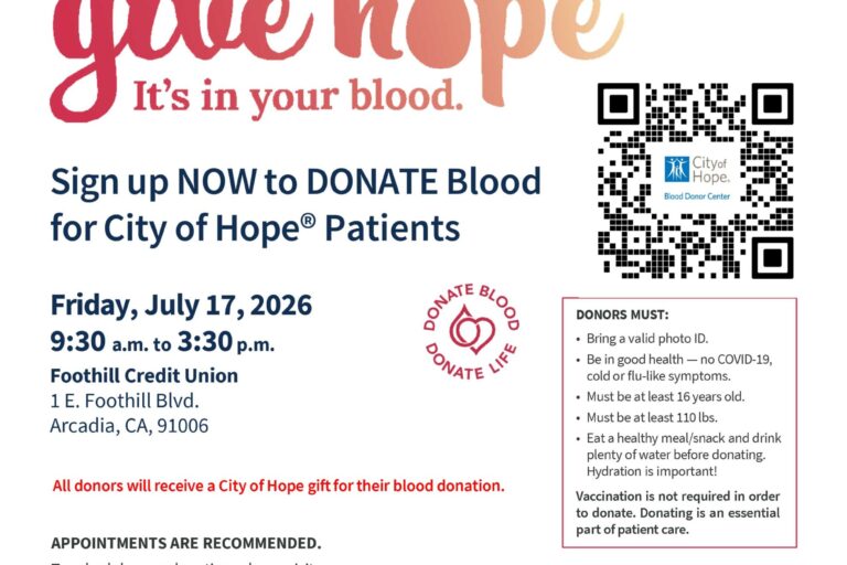 Foothill Credit Union blood drive flyer with City of Hope on July 17