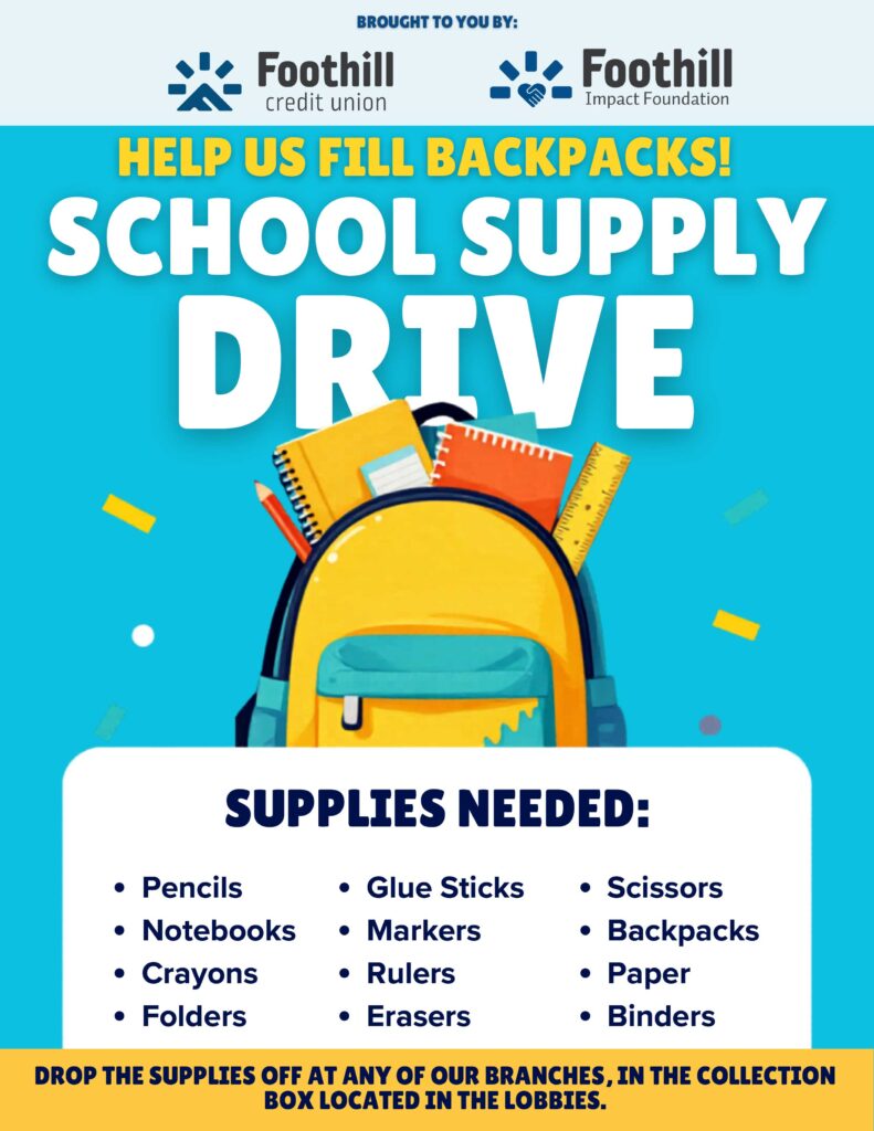 Foothill Credit Union back to school backpack drive flyer 
