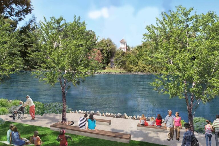 rendering of Baldwin Lake reconstruction at the LA County Arboretum