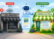 AI cartoon of a robot in between two storefronts