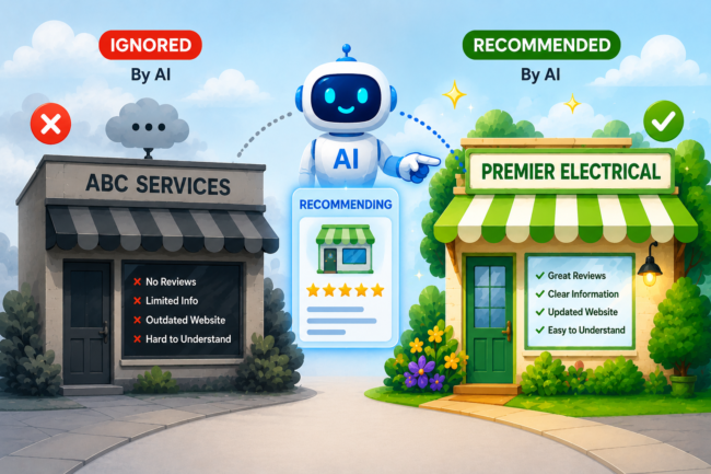 AI cartoon of a robot in between two storefronts