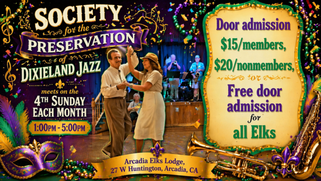 Arcadia Elks Lodge dixieland jazz dance event on the 4th Sunday
