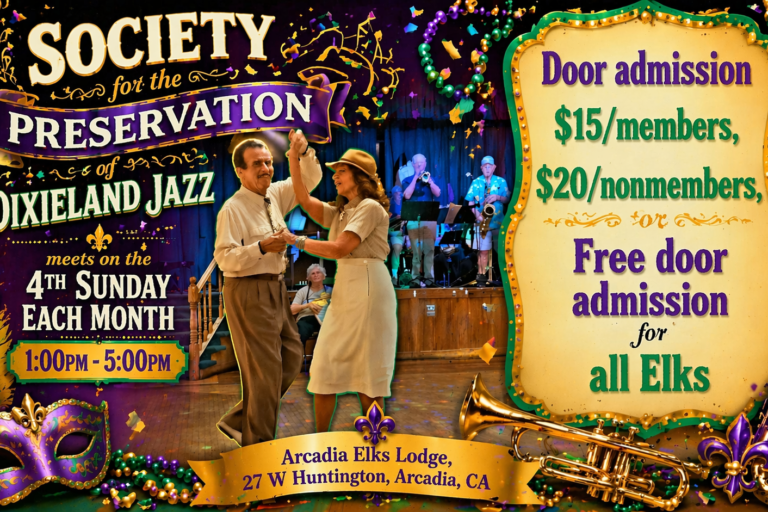 Arcadia Elks Lodge dixieland jazz dance event on the 4th Sunday