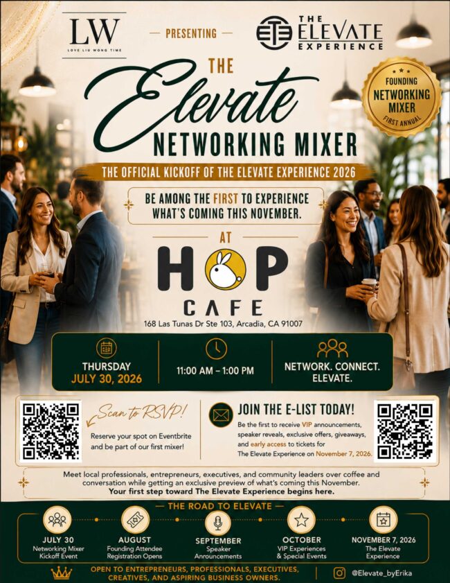 elevate networking mixer flyer for event hosted by Love Liu Wong Time