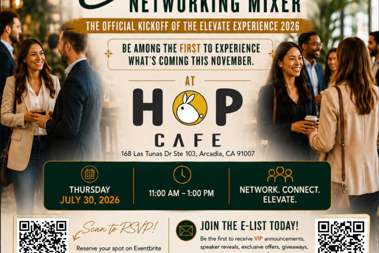 elevate networking mixer flyer for event hosted by Love Liu Wong Time