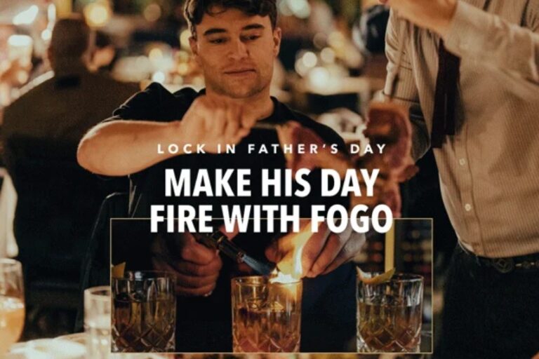 Father's Day at Fogo de Chao banner with a male bartender pouring drinks in the background