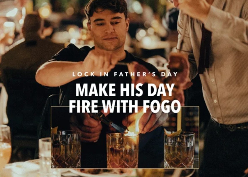 Father's Day at Fogo de Chao banner with a male bartender pouring drinks in the background