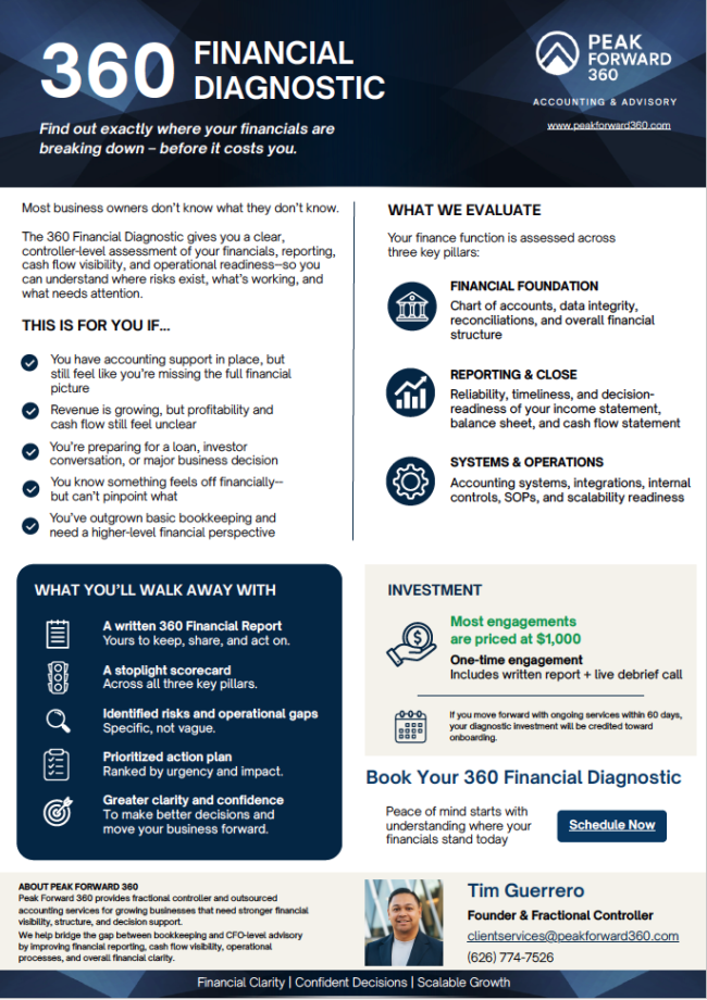 Peak Forward 360 diagnostic flyer of information
