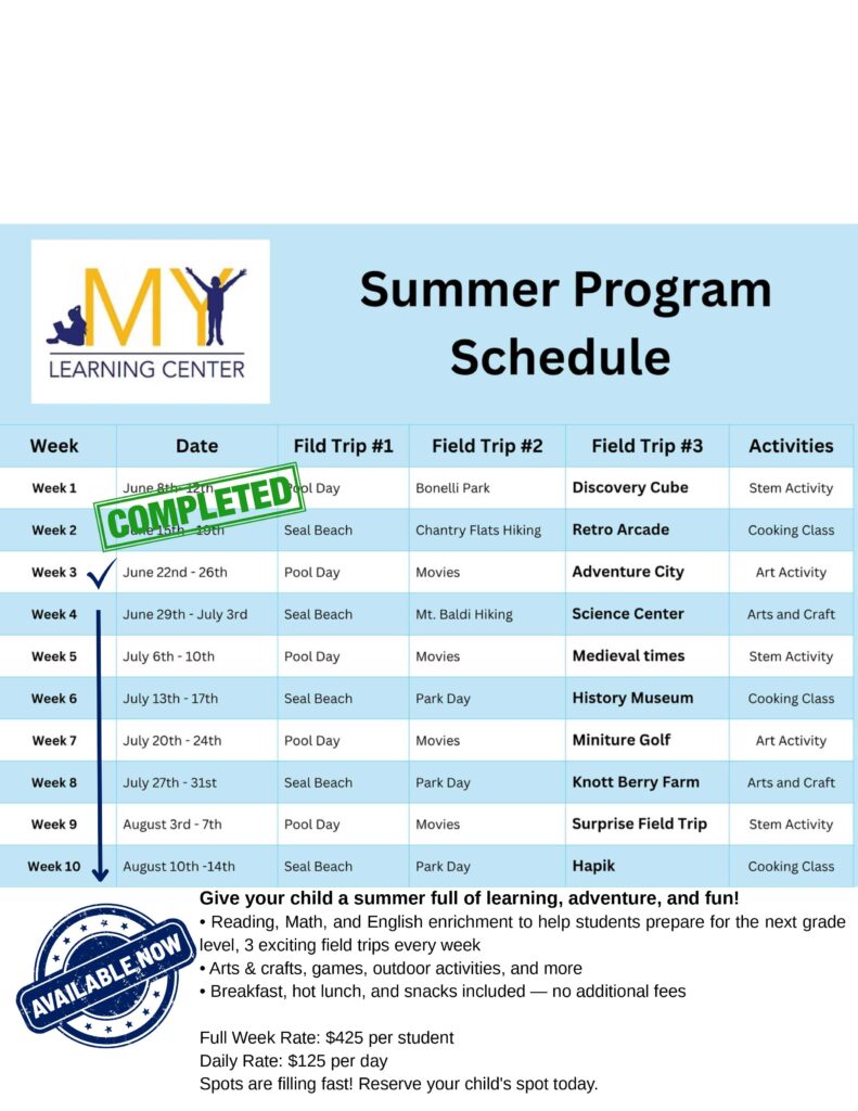 My Learning Center summer camp program schedule