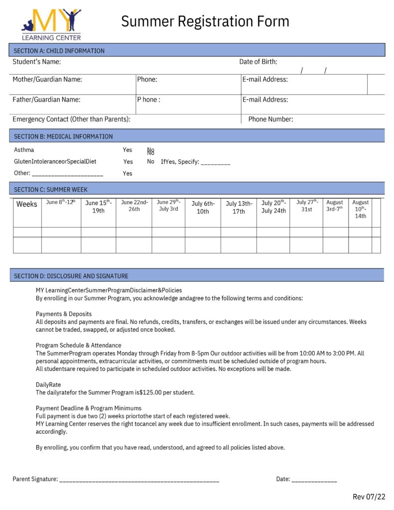 My Learning Center summer camp sign up form