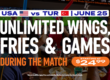 unlimited wings, fries, and games banner from Dave & Buster's