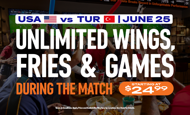 unlimited wings, fries, and games banner from Dave & Buster's