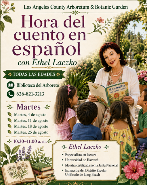 spanish story time at the Arboretum flyer in Spanish, showing a woman reading to children