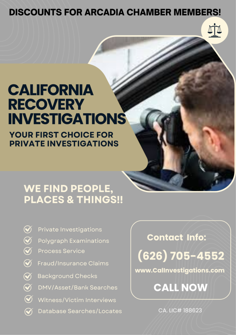 discount flyer for Arcadia Chamber members from California Recovery Investigations
