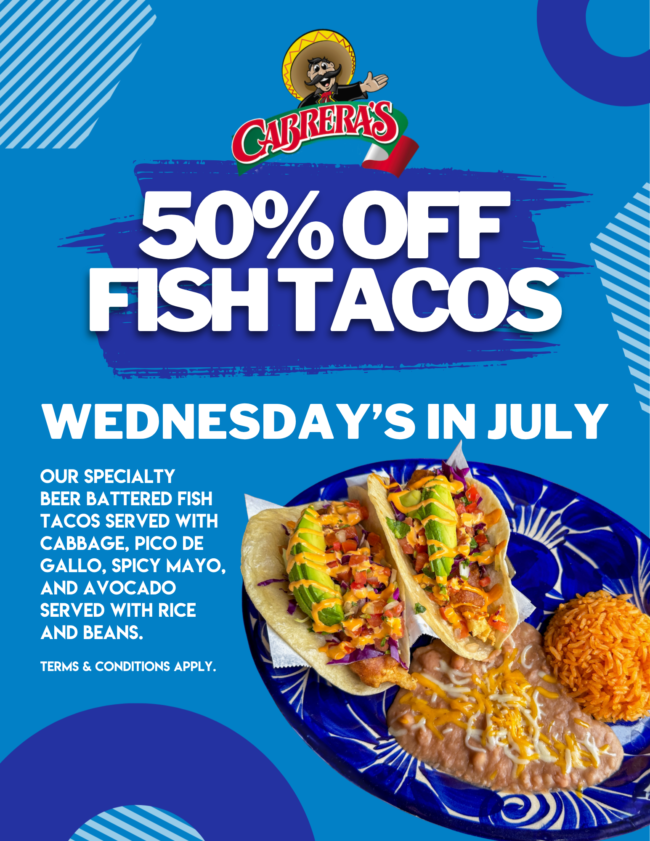 50% off fish tacos from Cabrera's flyer