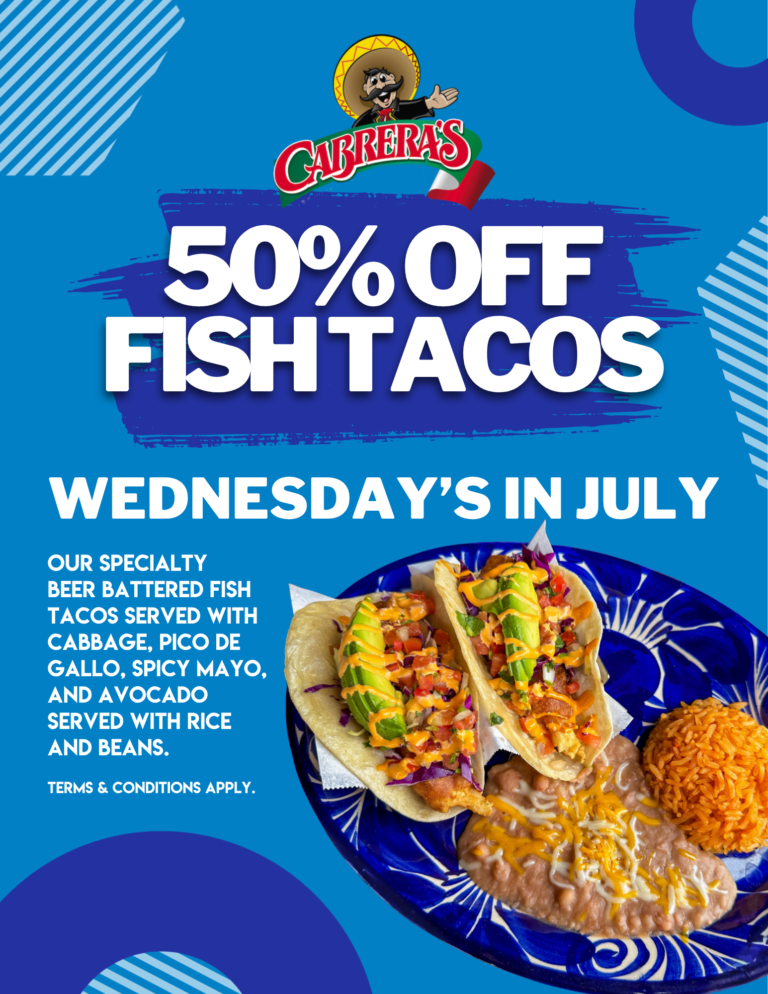 50% off fish tacos from Cabrera's flyer
