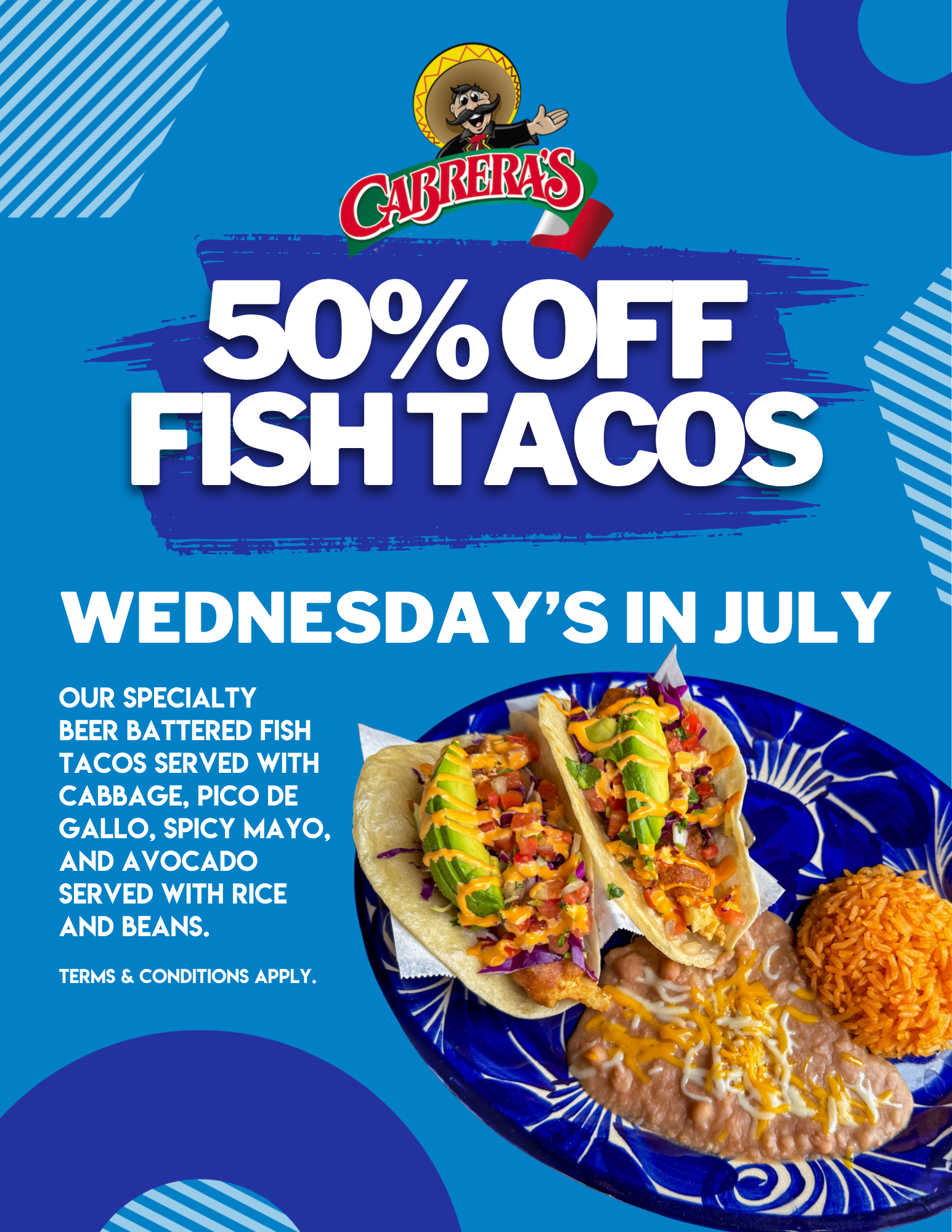 50% off fish tacos from Cabrera's flyer 