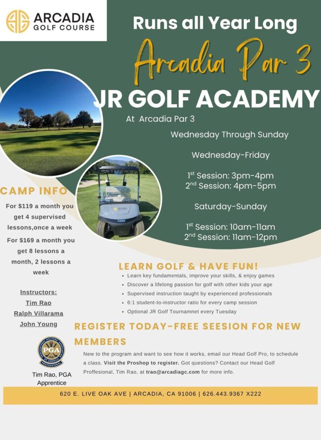 Arcadia Par 3 Golf Course JR Academy flyer of information