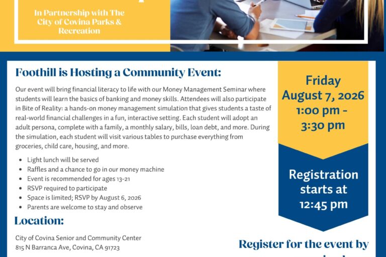 Financial Literacy workshop flyer with Foothill Credit Union on August 7