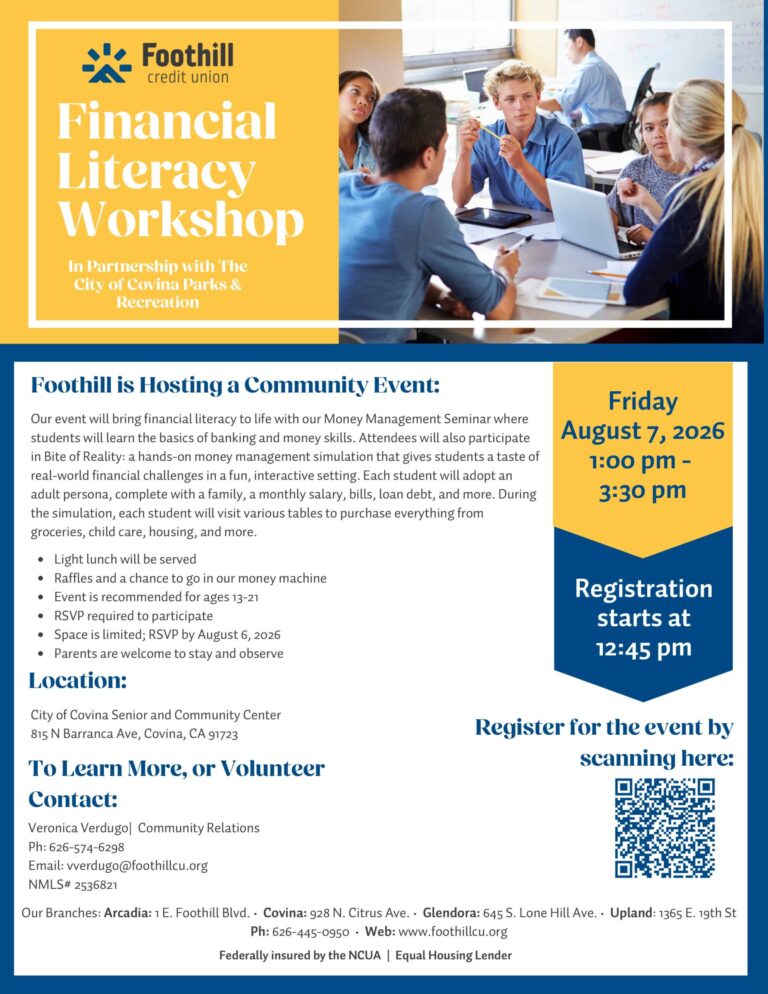 Financial Literacy workshop flyer with Foothill Credit Union on August 7