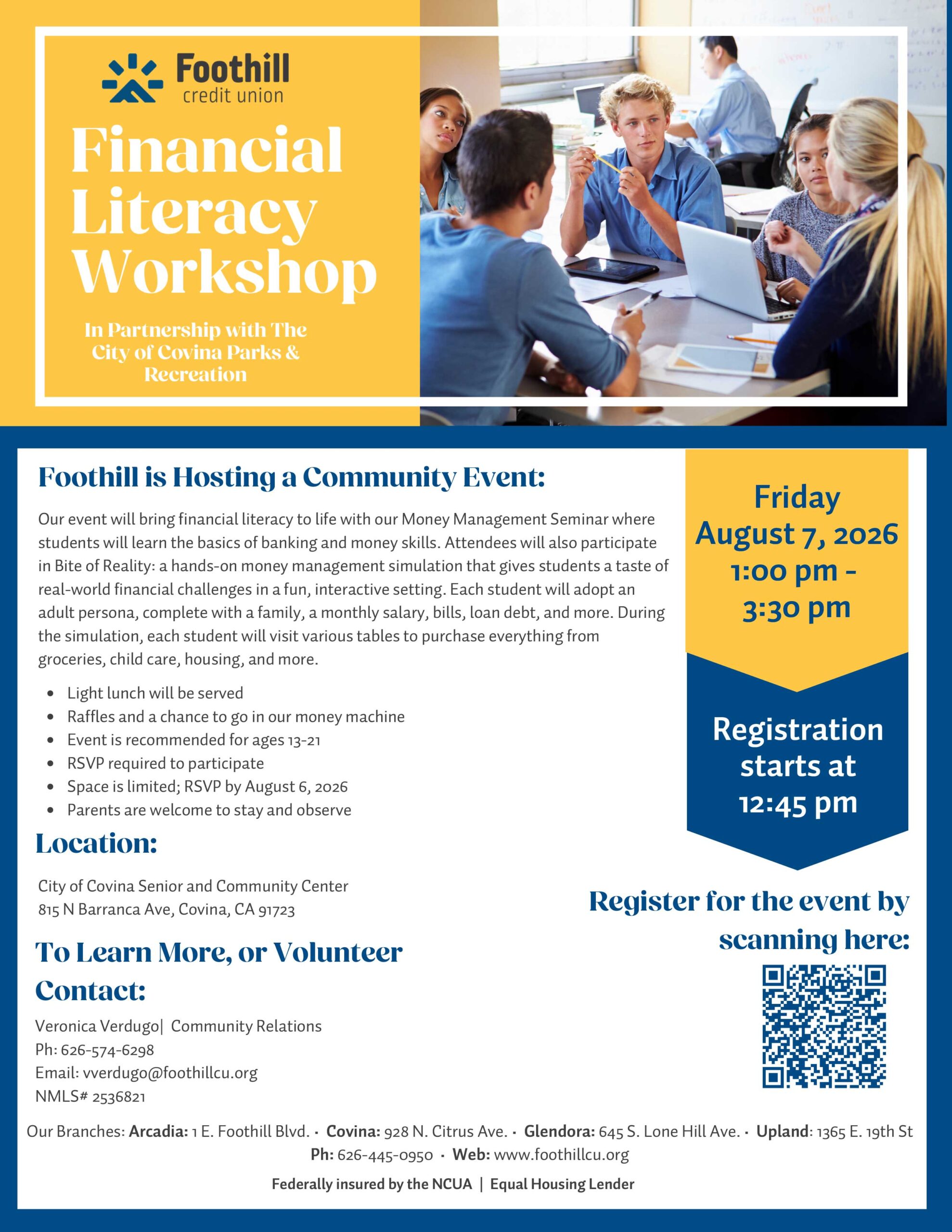 Financial Literacy workshop flyer with Foothill Credit Union on August 7