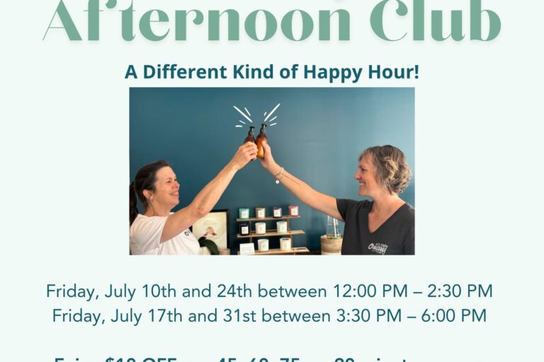 afternoon happy hour Friday Club flyer with Sierra Madre Massage