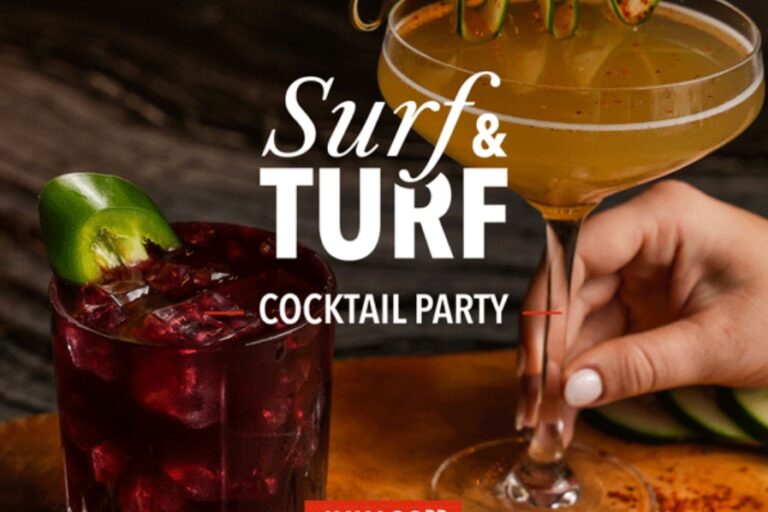 a hand grasping the stem of a cocktail class set beside a lowball glass with the words surf and turf cocktail party in between the two drinks