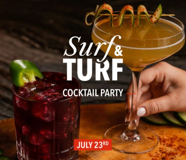 a hand grasping the stem of a cocktail class set beside a lowball glass with the words surf and turf cocktail party in between the two drinks
