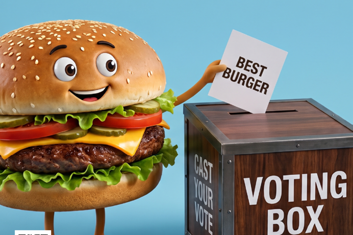 an AI burger putting a vote for best burger in a voting box