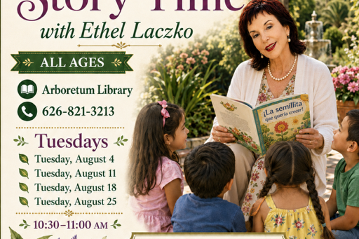 spanish story time at the Arboretum flyer showing a woman reading to children