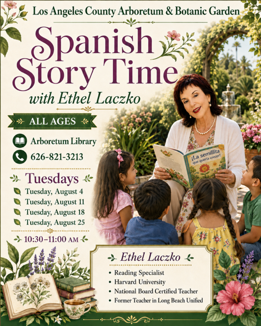 spanish story time at the Arboretum flyer showing a woman reading to children