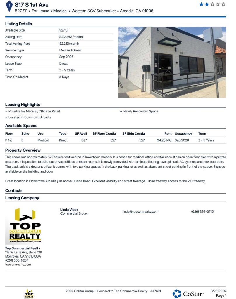 flyer for 817 S. 1st Ave available for lease in Arcadia
