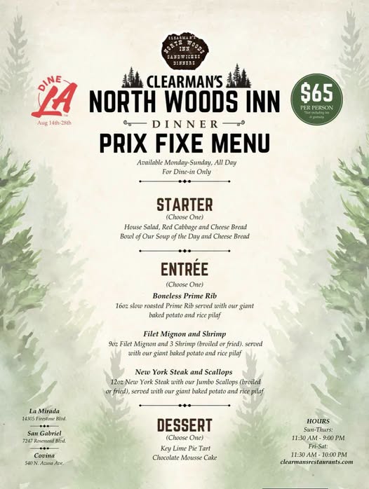 Clearman's North Woods Inn Dine LA menu