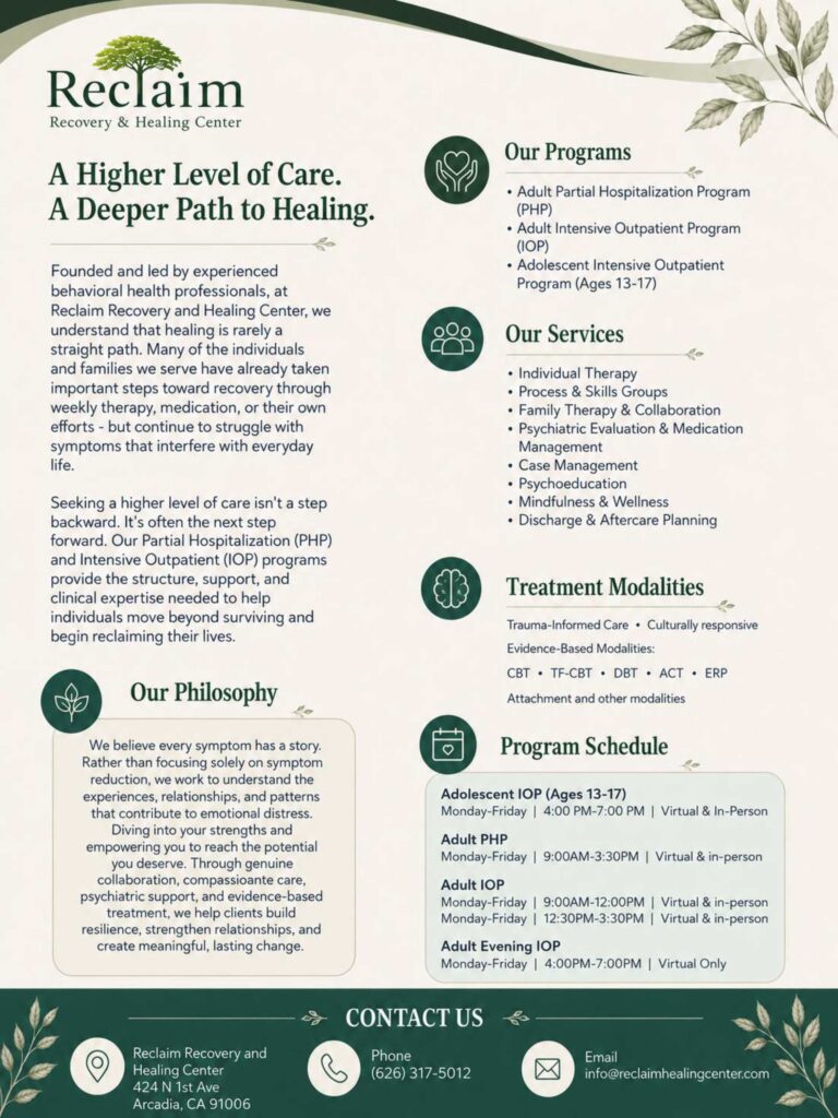 Reclaim Health mental health info flyer 