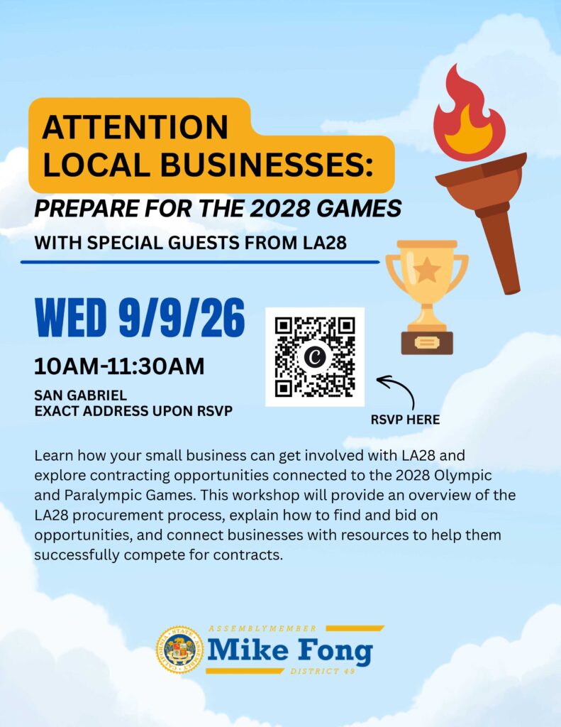 small business workshop flyer for LA28 from Mike Fong's office