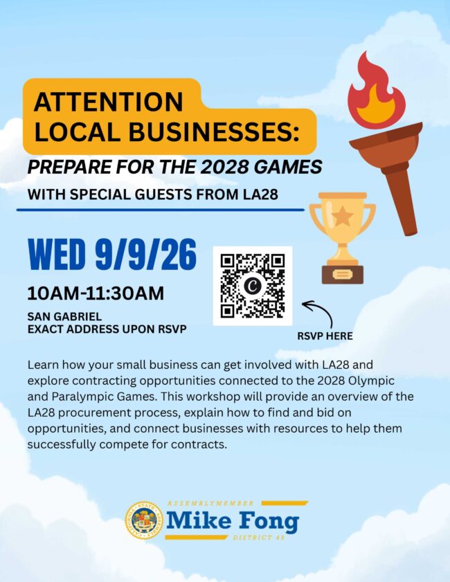 small business workshop flyer for LA28 from Mike Fong's office