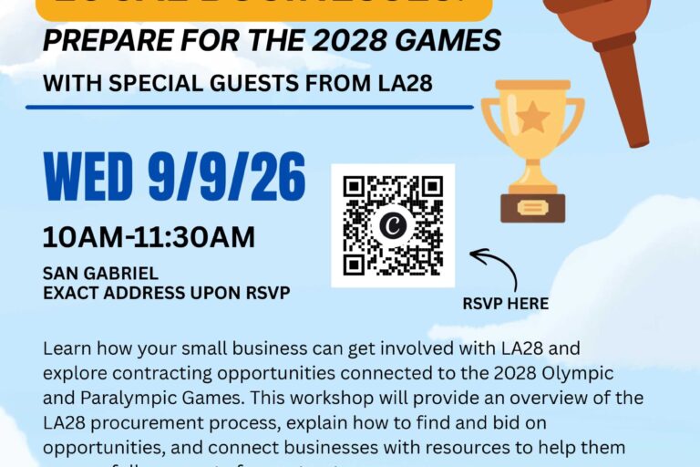small business workshop flyer for LA28 from Mike Fong's office