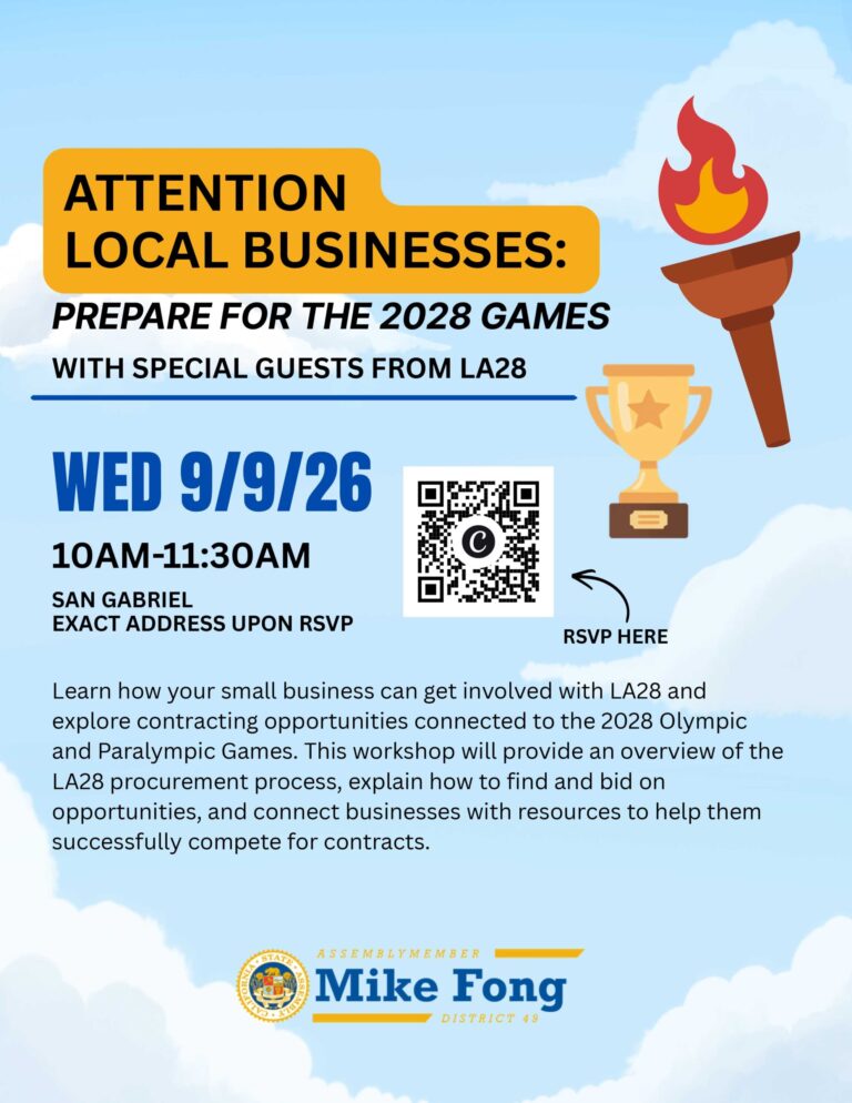 small business workshop flyer for LA28 from Mike Fong's office