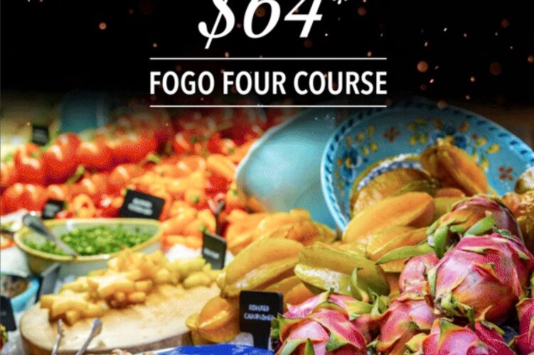 fogo de chao four course meal flyer featuring an array of delicious looking foods